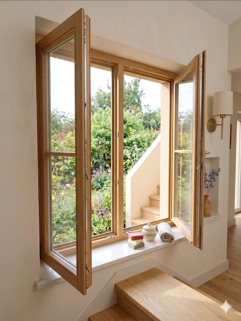 Natural oak timber casement window opened inward toward a garden view