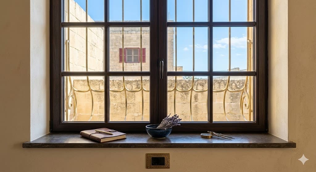 Dark timber interior window overlooking limestone architecture in Malta