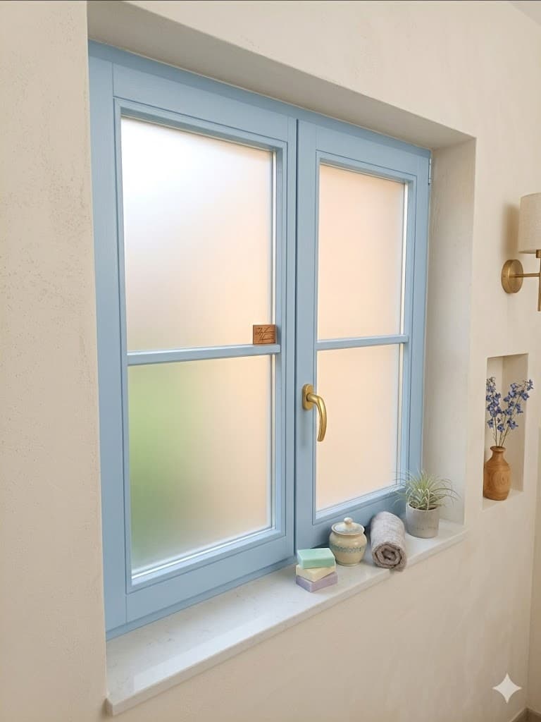 Soft blue timber bathroom window with frosted glazing and brass handle