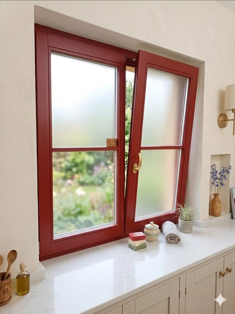 Red painted timber kitchen window with frosted glazing and brass handle
